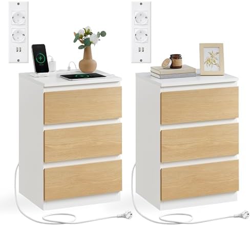 VASAGLE Table de Chevet avec Multiprise, Lot de 2, 3 Tiroirs, 2 P...