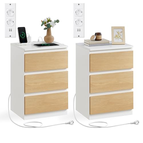 VASAGLE Kailyn Collection - Nachttisch mit Steckdosenleiste, 2er Set, Beistelltisch, 3 Schubladen, 2 AC-Steckdosen, 2 USB-A-Anschlüsse, modern, wolkenweiß-mandelgelb LET831Y01