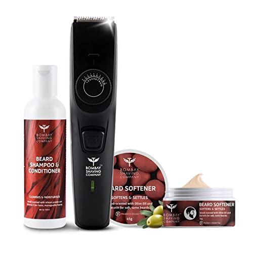 Image of Bombay Shaving Company Men's Cordless Beard Trimmer with beard shampoo, beard softener & Magnetic Opener | 20 length settings, Flash Charging