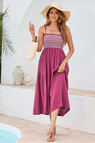 Image of R.Vivimos Womens Summer Cotton Boho Midi Dress 2026 Spaghetti Strap Floral Embroidered Smocked Tiered Flowy Long Dresses