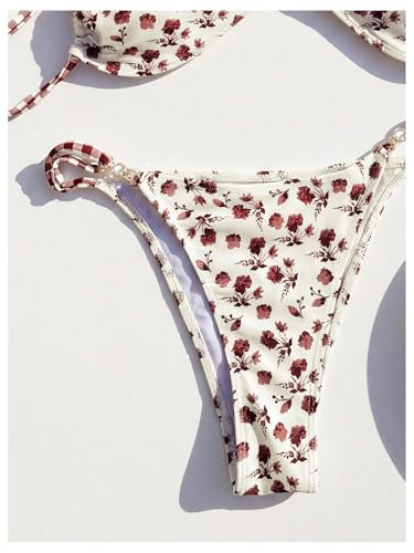 Image of RoseSeek Women's Floral Print Cheeky Bikini Sets Pearl Decor Halter Triangle High Cut String Thong Swimsuits
