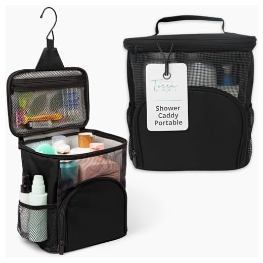 TERRA HOME Portable Shower Caddy - Large Capacity, Quick Dry, Mildew Resistant with Metal Hook - Hanging Shower Bag - Breathable Mesh Toiletry Shower Tote for Gym and College Dorm (Black)