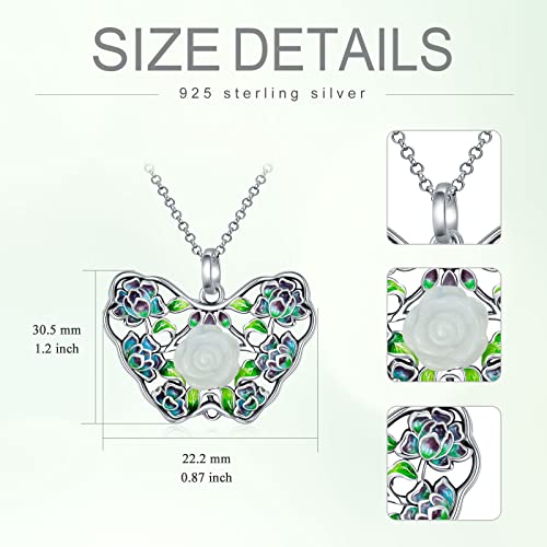 Jkr Flower Jade Necklace For Women Sterling Silver Butterfly Pendant Necklace Enamel Flower Leaf Necklace Jewelry Birthdays Mother's Day Gifts For Women Girls Mom Wife (Green) #TOP3