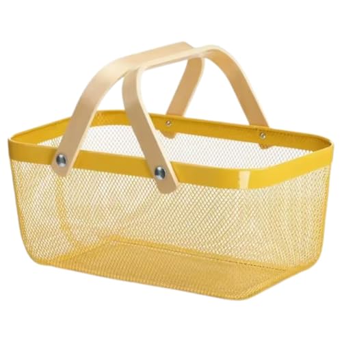 タマトシ 果物・野菜 食品 タオル 小物 収納バスケット スチール メッシュ フルーツ ワイヤー バスケット レジ 買い物 かご おしゃれ 持ち手付き 長方形 イエロー