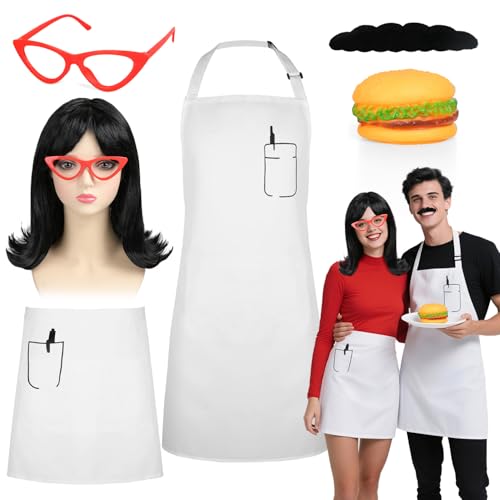 MOVINPE Burger Shop Couple Costume Set for Adults, Chef & Waitress Outfit with Aprons, Wig, Beard, Glasses & Hamburger Prop – Funny Restaurant-Themed Halloween Cosplay for Men & Women