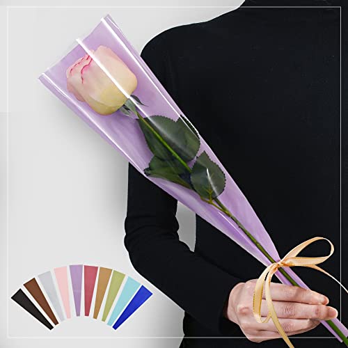 BEISHIDA 100 PCS Single Rose Sleeve Bouquet Bags Plastic Single Flower Wrapping Rose Packaging For Mother's Day Graduation Wedding Birthday Valentine's Day Party (Purple with Matte Back)