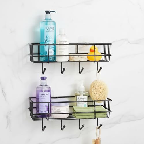 Image of Amazon Basics Self-Adhesive Wall Shelf - No-Drill Multipurpose Bathroom /Kitchen Organizer with Hooks and Towel Holder, Rust Proof GI Steel Organizer | Black, 28.2 x 9.8 x 11.5 cm, Pack of 2