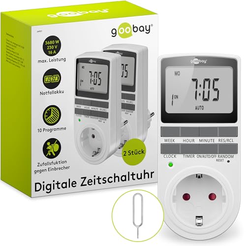 goobay - Zeitschaltuhr 2er Set digital mit 16 Programmen - Zeitschaltuhr Steckdose mit Zufallsmodus zum Einbruchschutz - Timer Steckdose inkl. 100 Tage Back-up Akku - 3680W - 230V (AC) - 16A - 74215