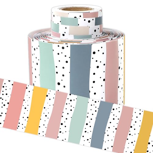 Image of Whaline 32.8 Ft Classroom Bulletin Board Borders Back to School Hippie Boho Color Dot Stripe Die-Cut Rolled Border Trim for Chalkboard Wall Decoration