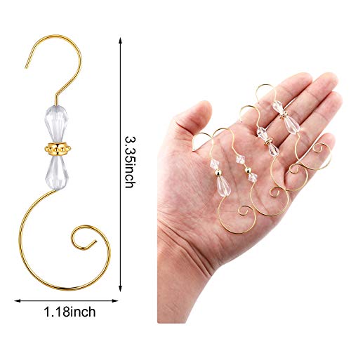 Ripeng 72 Pieces Hook Ornament Acrylic Wire Hook Decoration for Tree Hanger, Home Decor, 4 Styles (Gold Transparent Bead)