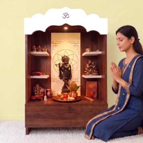 Image of Alpine Willow 3 Ft X 2 Ft Wooden Temple (DIY Assembly-Do it Yourself) I Mandir for Home I Pooja ghar I Corian Design devghar I Medium Size Temple for Home I Pooja Mandir Unit I Devghar with LED Light