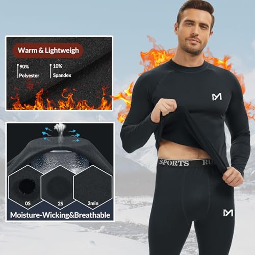 MEETYOO Men’s Thermal Underwear Set Long Sleeve Tops Bottoms Long Johns Base Layer Winter Ski Quick Drying Black - Image 2