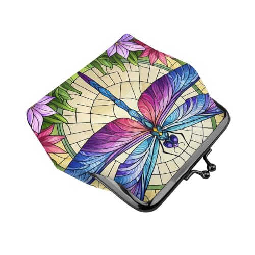 Pu Leather Buckle Coin Purse Colorful-Dragonfly-Tropical-Floral Girls Kiss-Lock Change Purse Wallets3