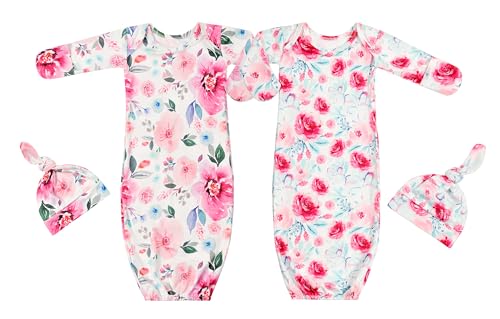 Image of Giggle Angel Newborn Baby Sleeper Gown with Hat Knotted Gown Nightgown Coming Home Outfits for Baby Girl 2 Pieces Set