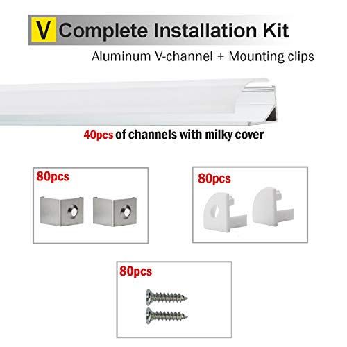 Image of LED Aluminum Channel V - 40x1m Corner Profile Track with Milky PC Cover for Strip Lights Installation,Easy to Cut,Professional Look LED Strip Diffuser Cover with Complete Mounting Accessories