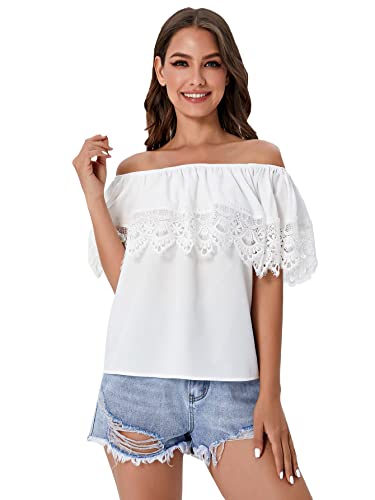 WDIRARA Women's Off The Shoulder Ruffle Trim Short Sleeve Lace Blouse Casual Tops