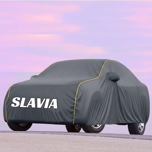 Image of 100% Waterproof Car Cover- Custom Fit with Mirror Pockets, Triple-Stitched, Soft Inner Lining, UV & Heat Resistant, Outdoor /Indoor Protection (Grey, Slavia)