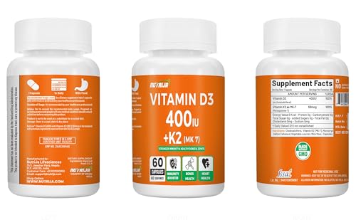 Image of NutriJa Vitamin D3 + K2 as MK7 Supplement 60 capsules - Stronger Immunity, Supports Bones, Joints & Heart Health