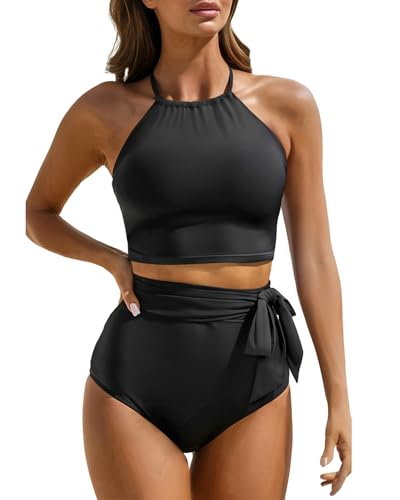 Tempt Me Women High Waisted Bikini Sets - Two Piece Swimsuit High Neck Bathing Suits Tummy Control Swimwear