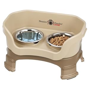 Neater Feeder Deluxe Mess Proof Dog Bowls Elevated for Small Breeds–Made in USA–No Spill Raised Dog Food Bowl Stand wLeg Extensions–Stainless Steel Dog Food and Water Bowl Set–Beige