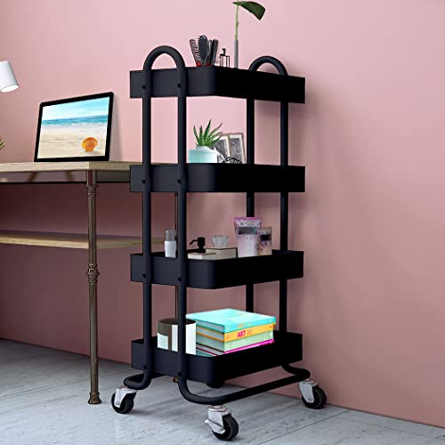 Levede 4 Tiers Kitchen Trolley Cart Steel Storage Rack Shelf Organiser Black, Metal Utility Cart, 4-Tier Kitchen Trolley with 4 Wheels, Rolling Storage Cart Trolley for Kitchen Storage & Organisation