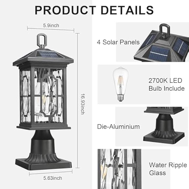 Solar Lamp Post Lights with Pire Mount Base, Dusk to Dawn Outdoor Solar Light Fixture,Waterproof Solar Post Lantern with Remote Control & 2700k Bulb, Lamp Posts Lighting for Outside