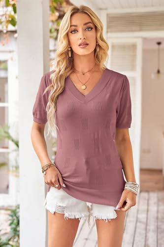 Image of Arach&Cloz Women's Lightweight Spring Summer Sweater Tops Casual Short Sleeve Blouses Shirts