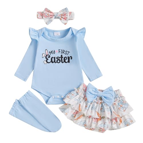 BeQeuewll Newborn Baby Girl Easter Outfit Bunny Clothes Long Sleeve Romper+Bloomers Tutu Skirt+Socks+Headband 4Pcs (First Easter 6-9 Months)