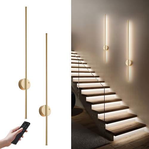 Image of KARTOOSH Gold Battery Operated Wall Sconce Set of Two with Motion Sensor | Rechargeable Wireless Wall Lights with Remote Control, Dimmable, 3000K /4000K /6000K, Timer for Living Room, Hallway,39.3 Inch