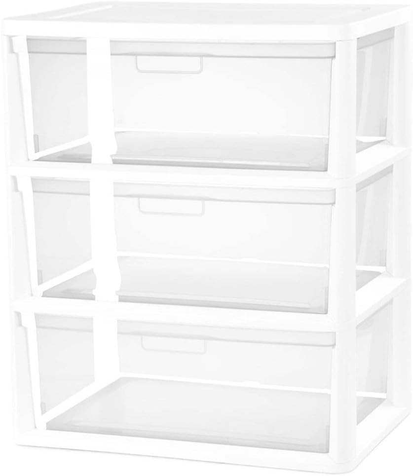 3 Drawer Wide Storage Tower, White Plastic Organizer With Removable Clear Drawers, Tool-Free Assembly For Dorm Room College Move-in Home Organization
