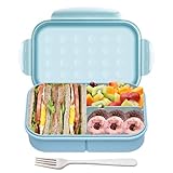 Itopor Wheat Straw Bento Box, BPA-Free Lunch Box for Kids & Adults - Leakproof 3-Compartment Lunch Container with Reusable Fork, Microwave & Dishwasher Safe, Blue
