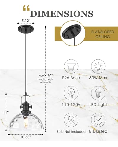 Image of 10.5 inch Black Pendant Light for Kitchen Island, Hammered Glass Shade | Farmhouse Vintage Hanging Light Fixture for Dining Room Entryway, Adjustable Cord, E26 Base, AD-22151-1PL-BK-H