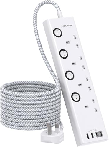 3M Extension Lead 4 Way Extension Socket with 4 USB Slots(2 USB C) Individually Switched Extension Cable 3M Wall Mount Extension Cord Desk Power Strip for Home Office Accessories