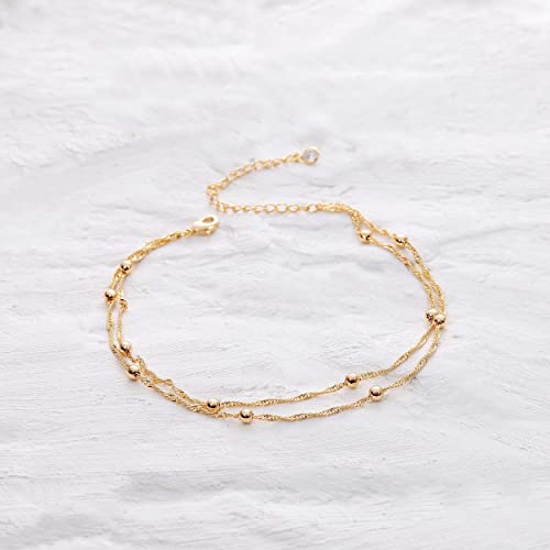 Gold Dainty Layered Anklet Satellite Chain Anklet For Women,14K Gold Plated Cute Wave Bead Satellite Chain Boho Beach Layering Plain Foot Chain Ankle Bracelet For Teen Girls #TOP3