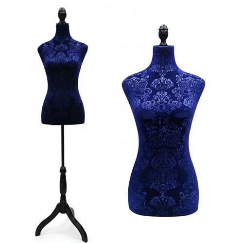Adjustable Female Dress Form Mannequin -Dark Blue Velvet Torso with White Tripod Stand - 173cm Height Adjustable Display for Sewing Clothing Design & Jewelry