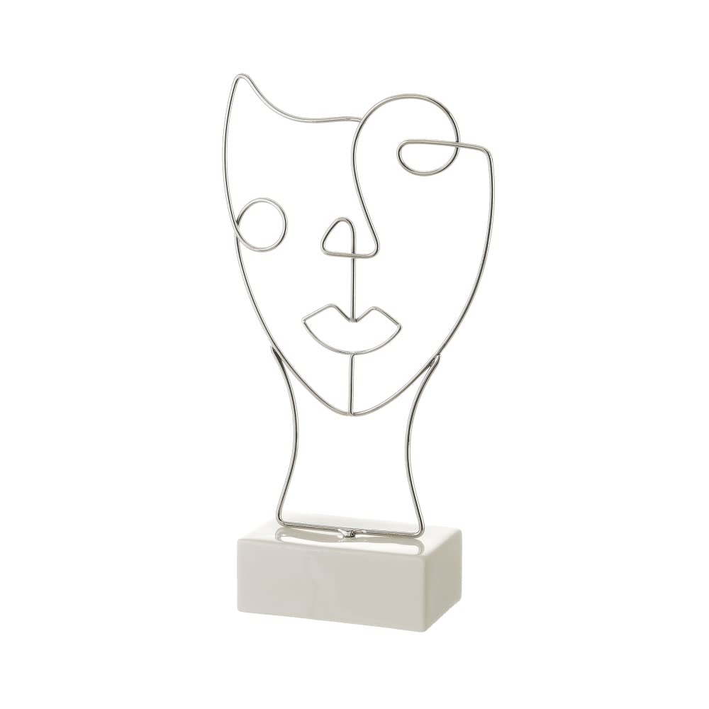 LOLAhome Figura de Cara de Metal y cerámica Plateada de 18x8x34 cm