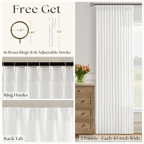 Image of Off White Pinch Pleated Semi Sheer Linen Curtains 86 Inch Long | 86 Inch Length, Ivory, Light Filtering, Privacy, Bedroom, Office, Burlap Textured, Memory Shape, Hook Rings, Boho, Modern