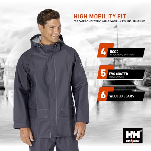 Helly-Hansen Workwear Mandal Adjustable Waterproof Jackets for Men - Heavy Duty Comfortable PVC-Coated Protective Rain Coat, Classic Navy - M