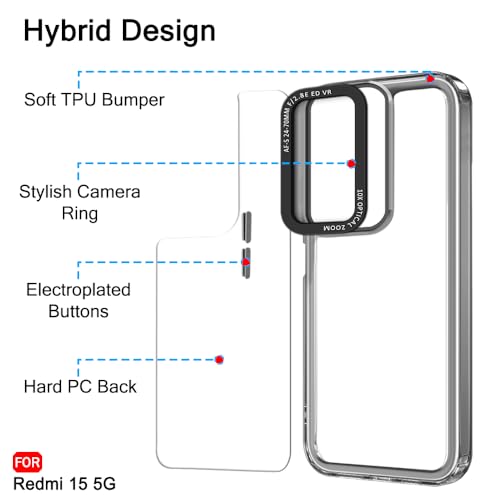 Image of TheGiftKart Hybrid Shockproof Back Cover Case for Mi Redmi 15 5G | Stylish Camera Border | Electroplated Buttons | Crystal Clear Hard Back Cover Case (TPU & PC, Smoked Bumper)