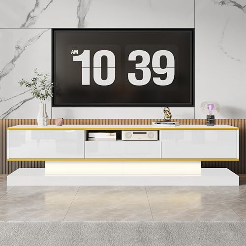 LAKFEW Mueble TV 180 cm de hasta 75 Pulgadas, Muebles TV con con Luz LED, Mueble Television con 3 Cajones y Compartimento Abierto, Muebles de Salon, 180x38x45 cm, Dorado+Blanco