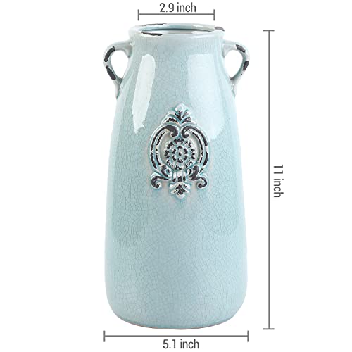 Mygift Farmhouse Decor Vintage Flower Vase, Antique Blue Milk Jug Style Ceramic Table Vase #TOP6