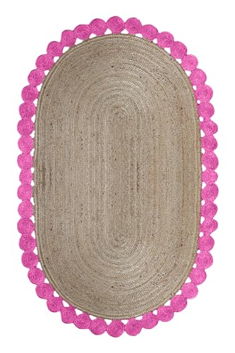 Tapis à tissage plat rose et beige ovale en jute pour intérieur - 2