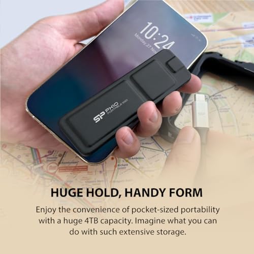 Image of SP Silicon Power PX10 1TB Portable SSD, Up to 1050MB /s, USB 3.2 Gen 2, Type-C Cable, Ultra-Slim 10.3mm & 33g, Pocket-Size External Solid State Drive, Black (SU010TBPSDPX10CKIN)