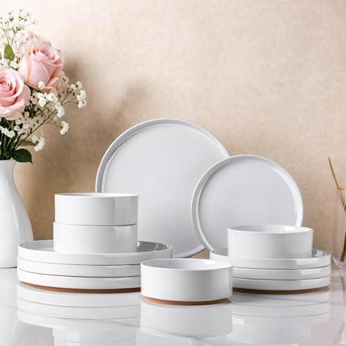 Image of AmorArc Ceramic Dinnerware Set for 4 | Speckled Stoneware Plates and Bowls with unglazed terracotta | Scratch Resistant, Dishwasher & Microwave Safe Dishes Sets- 12-Pcs Milk White