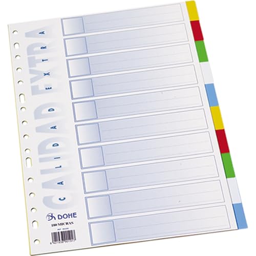 Dohe - Separadores Archivadores 2 y 4 Anillas (10 Posiciones) - A4 (22,5x30 cm), 5 Colores: Azul, Rojo, Verde, Amarillo y Blanco, Índices de Polipropileno Resistente 180 Micras