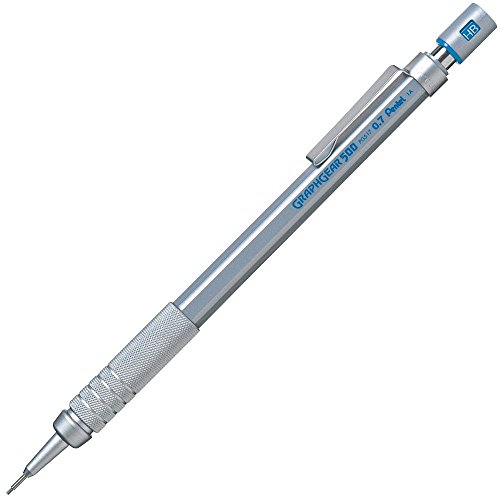 Pentel GraphGear 500 0.7 MM HB Mechanical Pencil | Lead Of Grade HB | Mini Interchangeable Eraser With Push Mechanism | Silver Plated Swing Grip | Pack Of 1 | Silver (PG517)