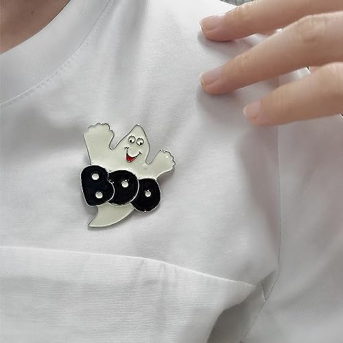 Image of Enamel Boo Halloween Brooch Pin for Women Girls Men Fashion Cute Ghost Demon Round Rhinestone Brooches Badges Lapel Pins Fun Holiday Festival Ornament Hat Bag Suit Dress Accessories Jewelry Gift (Black White)