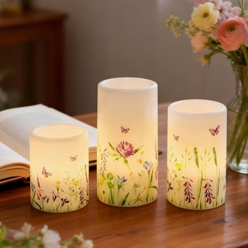 Image of Butterfly Spring Flameless Candles with 6 Hour Timer Real Wax Battery Operated LED Flickering Pillar Candles Dinner Holiday Home Decor(3 Pack, 3 inch D x 4 inch, 5 inch, 6 inch H)