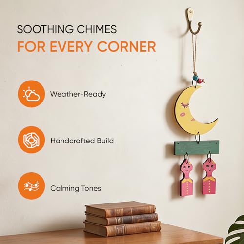 Image of Aakriti Art Creations Moony Brothers Wind Chime Multicolor | Handmade Wooden & Metal Windchimes for Home | Decorative Wind Chimes for Balcony, Garden, Living Room | Feng Shui Wind Chime Decor