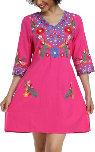 Image of YZXDORWJ Women Embroidered Mexican V Neck Floral Dress Long Sleeve Floral Traditional Bohemian Dress